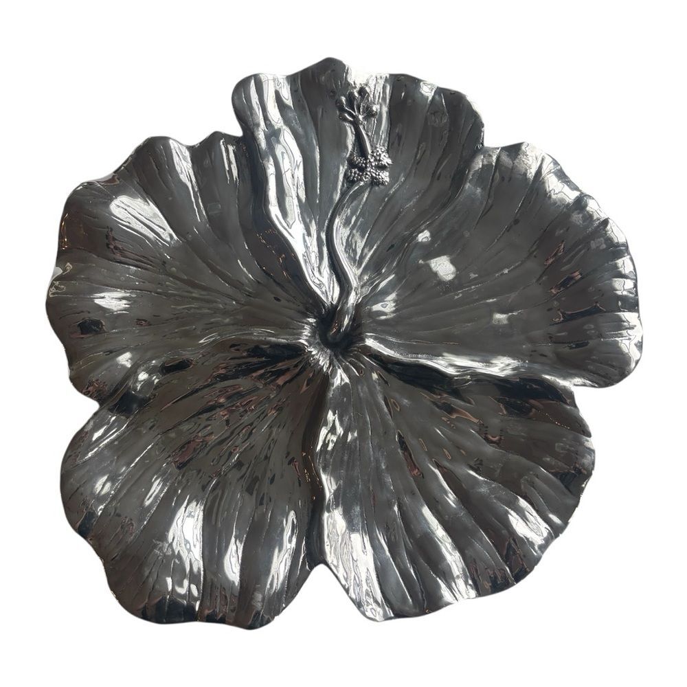 Beatriz Ball Garden Hibiscus Round Platter 17" Aluminum Sand Cast Vintage
